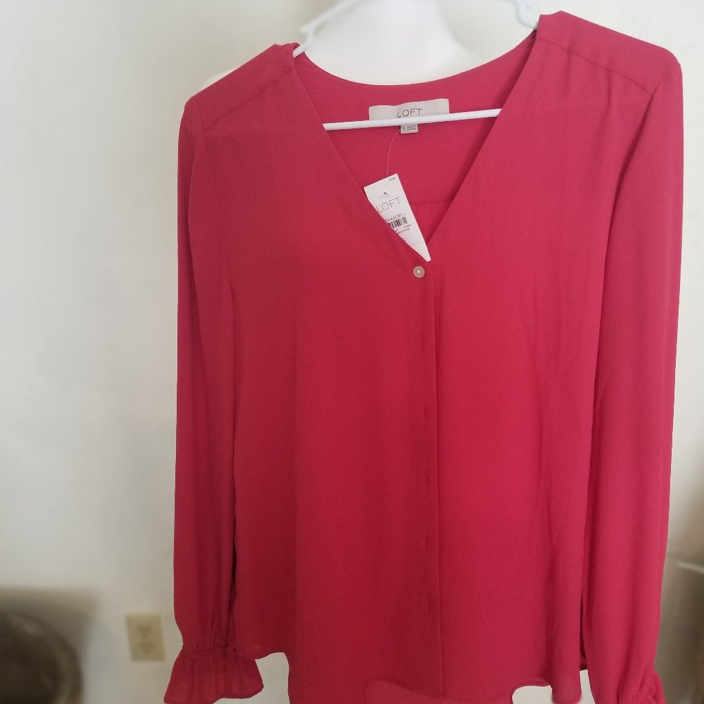 Loft red long sleeve blouse, frilled sleeves. Small.